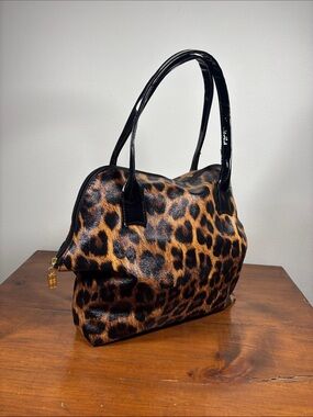 Elizabeth Arden Leopard Print Dome Tote Bag with Black Patent Handles
